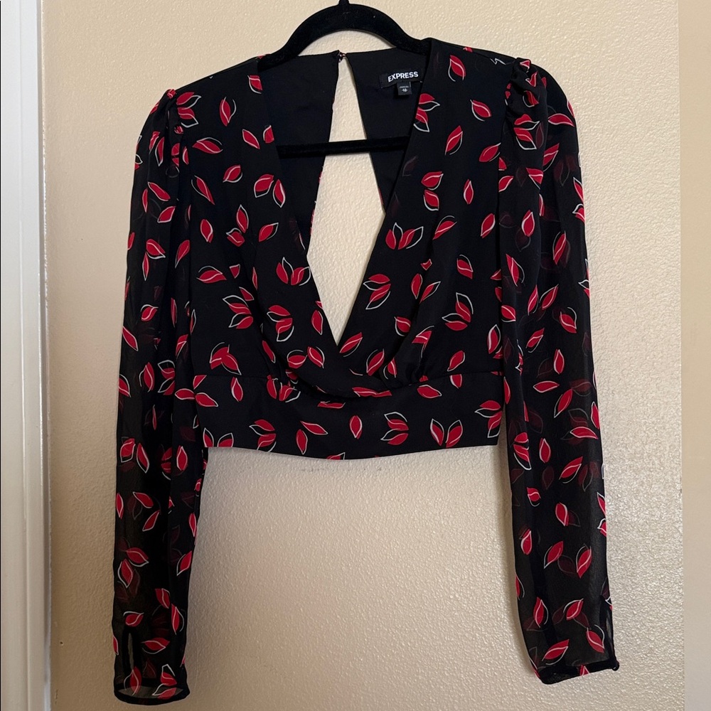 Express Black and Red Leaf Pattern Blouse